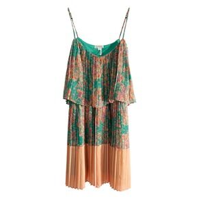 Soieblu Pleated Floral Print Layered Pullover Mini Dress Green Orange Large Boho